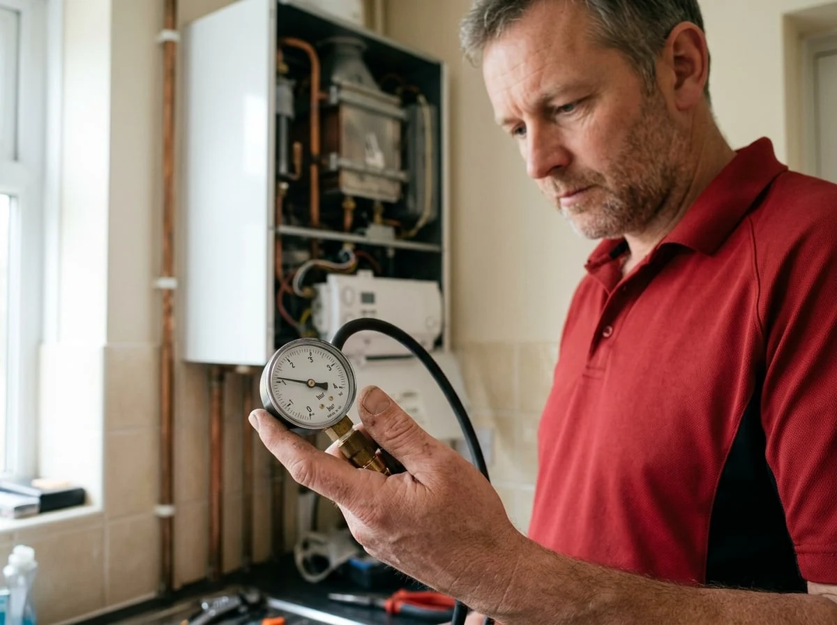 Chiswick Plumbers 247 engineer checking boiler pressure with a gauge during a boiler repair in Chiswick